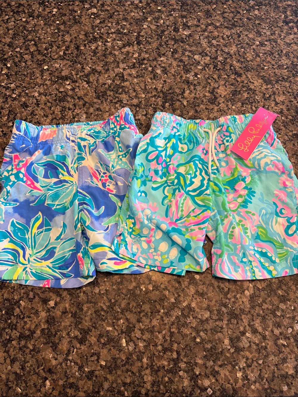 Lilly Pulitzer boys Blue, Aqua & Pink Printed swim trunks Duo